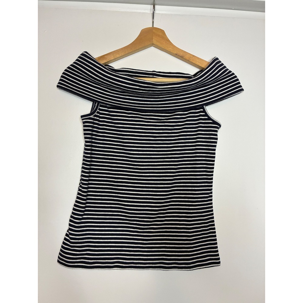 LOFT Top Women L Navy Blue White Striped Off The Shoulder Ribbed Knit Casual